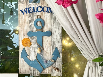 Tranh gỗ Welcome mỏ neo xám mốc [Nhẹ - Vỏ ốc thật] 40x22.5cm BTC-BIEN-05